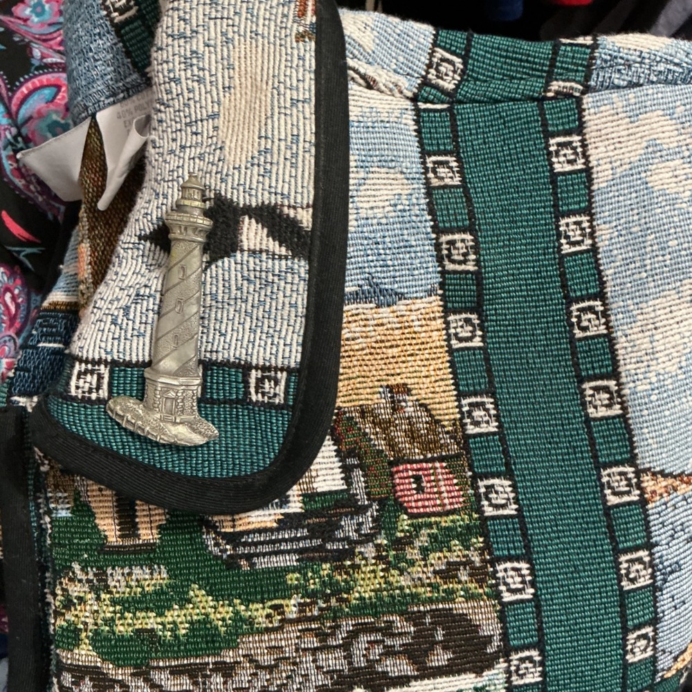 Blair Tapestry Jacket Womens L Blue Green Lighthouse Nautical Vintage Coastal - Picture 2 of 11